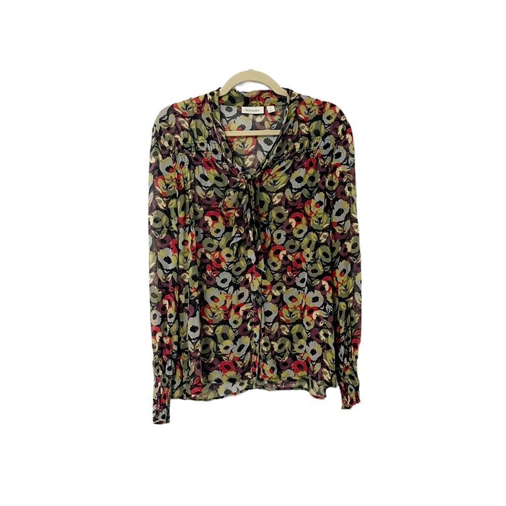Hinge 100% Silk Floral Blouse Tie Neck Button Down Shirt Top Size S